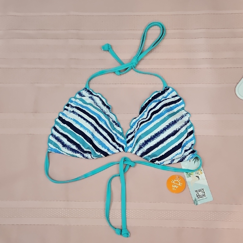 CHARMO Women's Halter Green Stripe Bikini Triangle Swim Top-Ruffle-NWT-Sz L